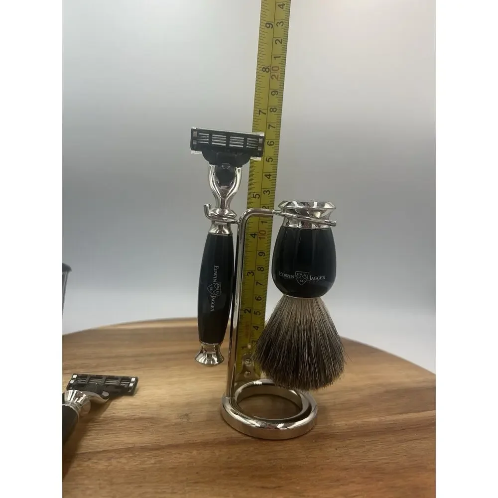 Edwin Jagger Shaving Set Black 3pc w/ Stand Badger Brush Razor Handle & Box